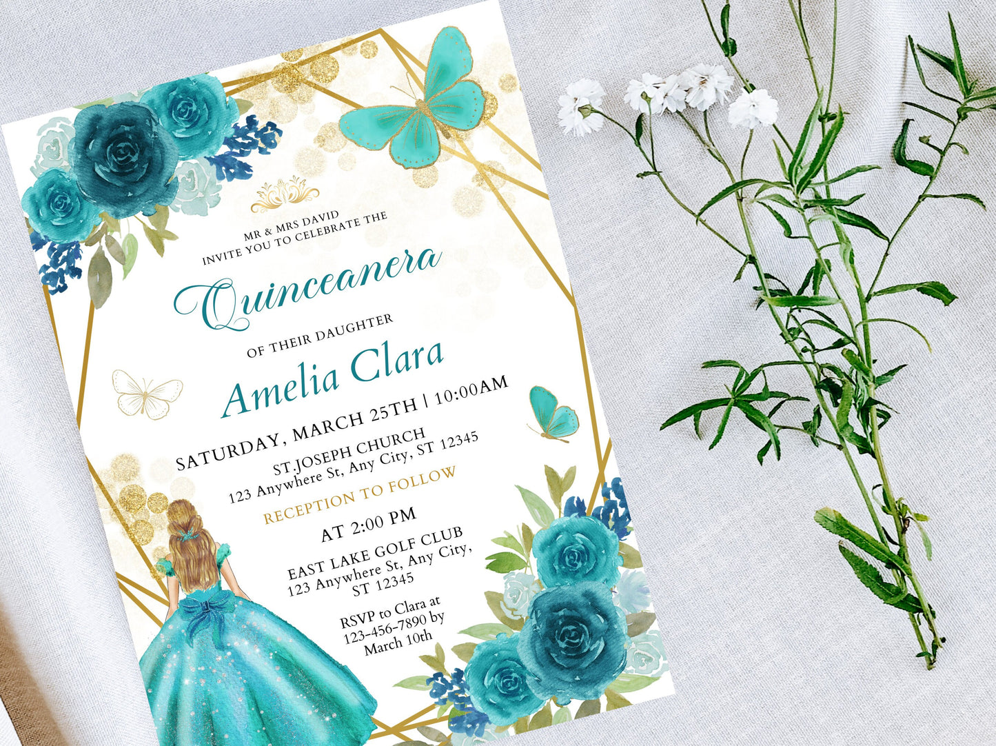 Editable Blue Gold Quinceanera Invitation Template, Wildflower Theme (Digital Download)