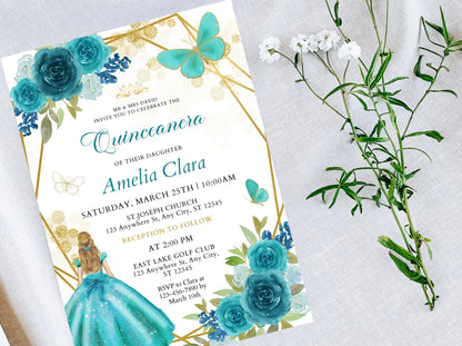 Editable Blue Gold Quinceanera Invitation Template, Wildflower Theme (Digital Download)