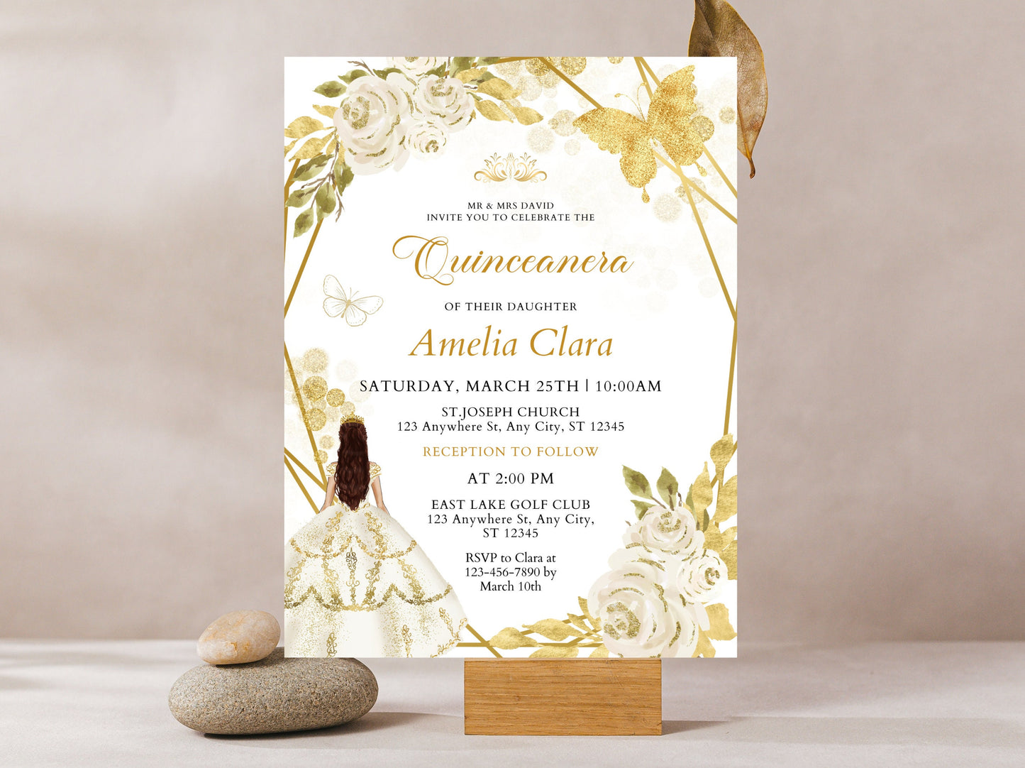 Editable Wildflower Quinceanera Invitation, Gold Butterfly (Digital Download)