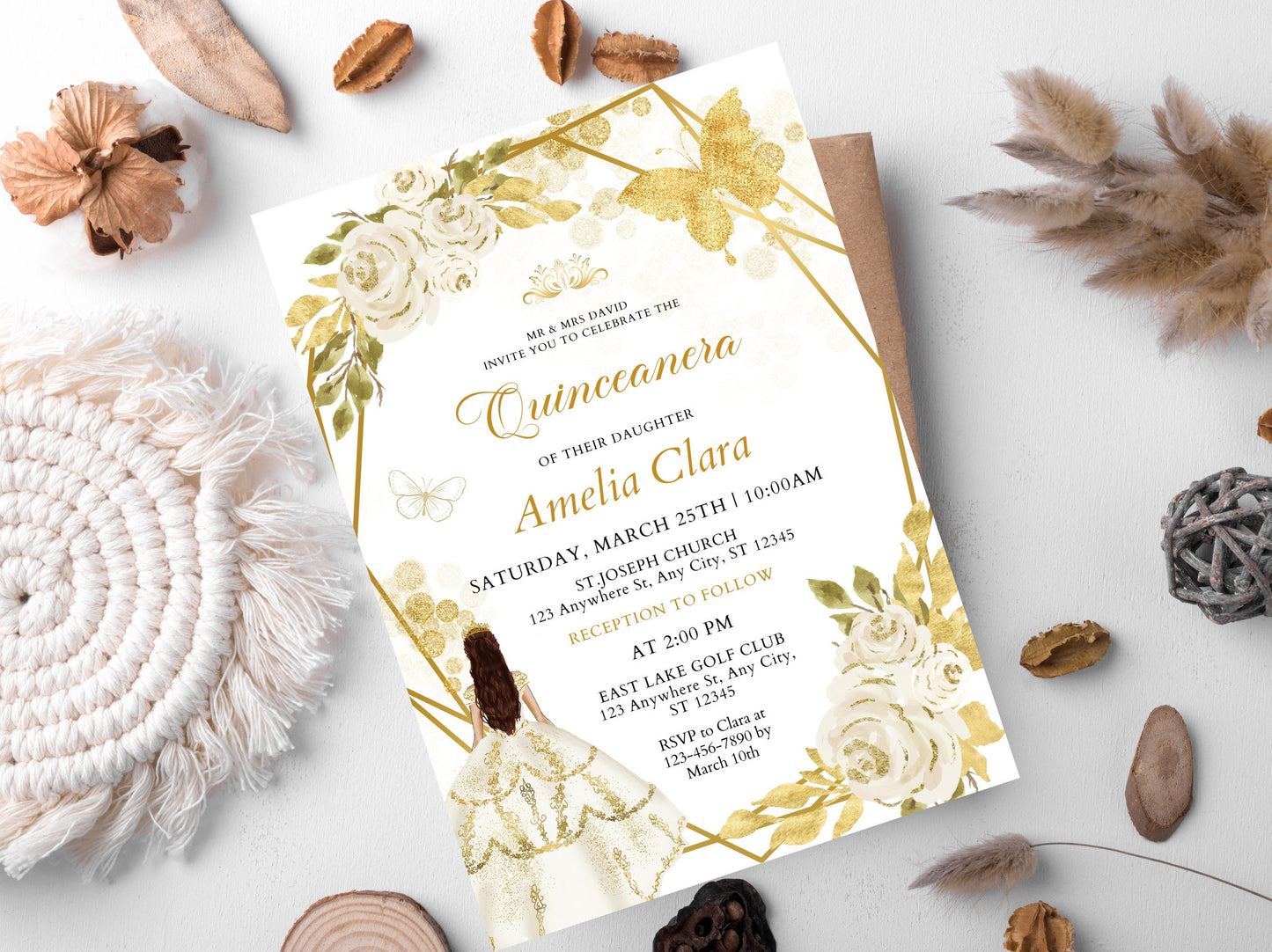 Editable Wildflower Quinceanera Invitation, Gold Butterfly (Digital Download)