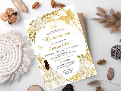Editable Wildflower Quinceanera Invitation, Gold Butterfly (Digital Download)