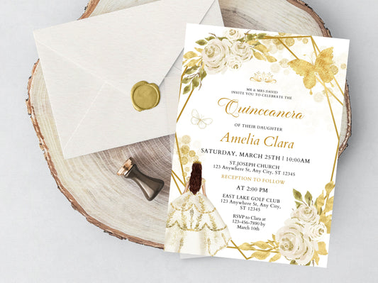 Editable Wildflower Quinceanera Invitation, Gold Butterfly (Digital Download)