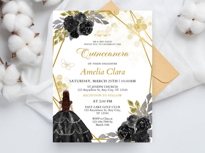 Editable Black and Gold Quinceanera Invitation, Wildflower Design (PDF)