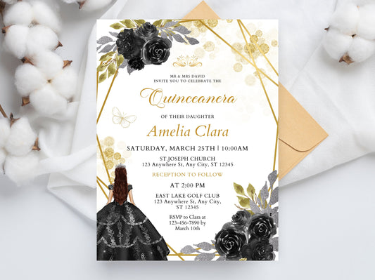 Editable Black and Gold Quinceanera Invitation, Wildflower Design (PDF)