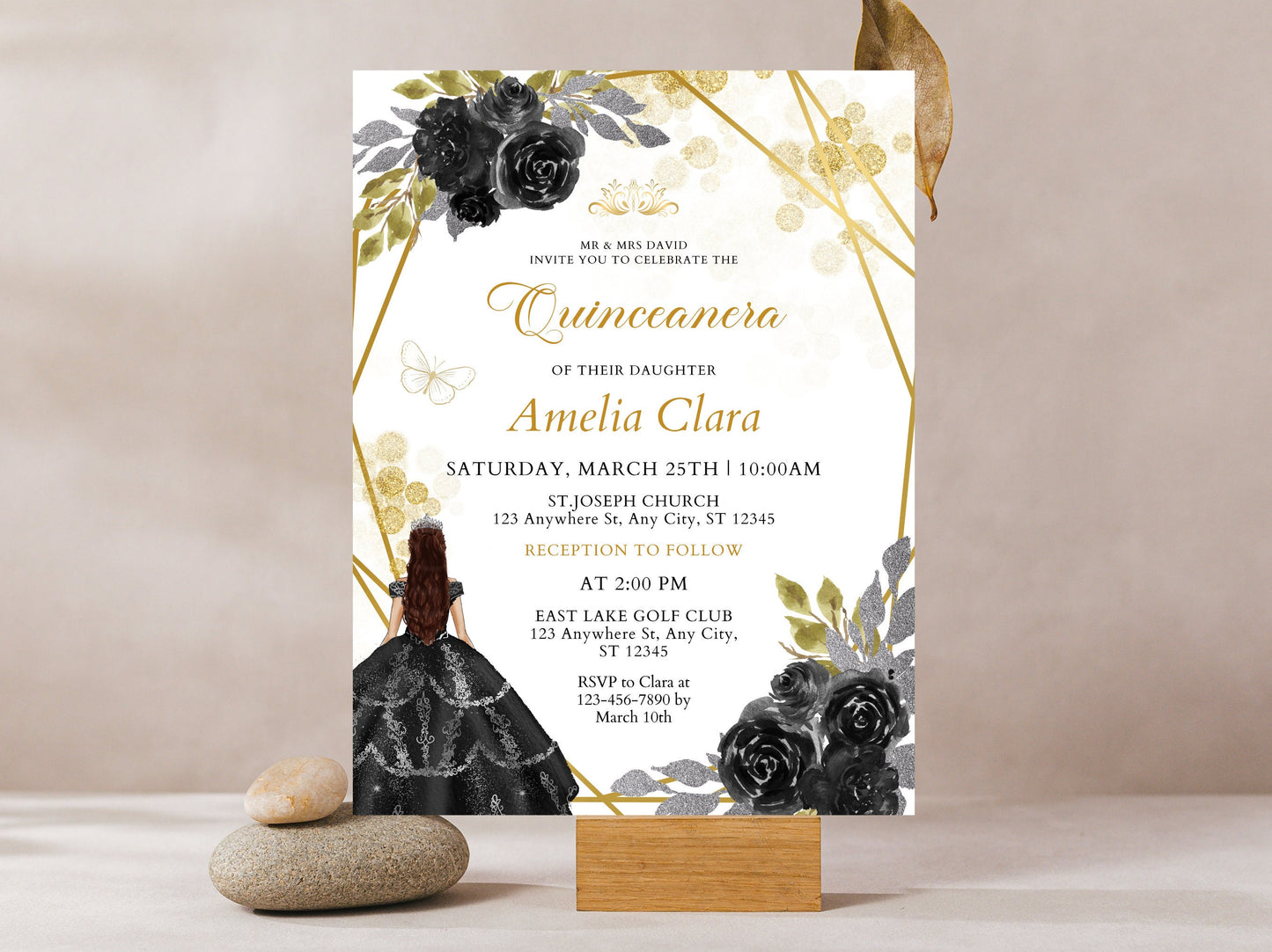 Editable Black and Gold Quinceanera Invitation, Wildflower Design (PDF)