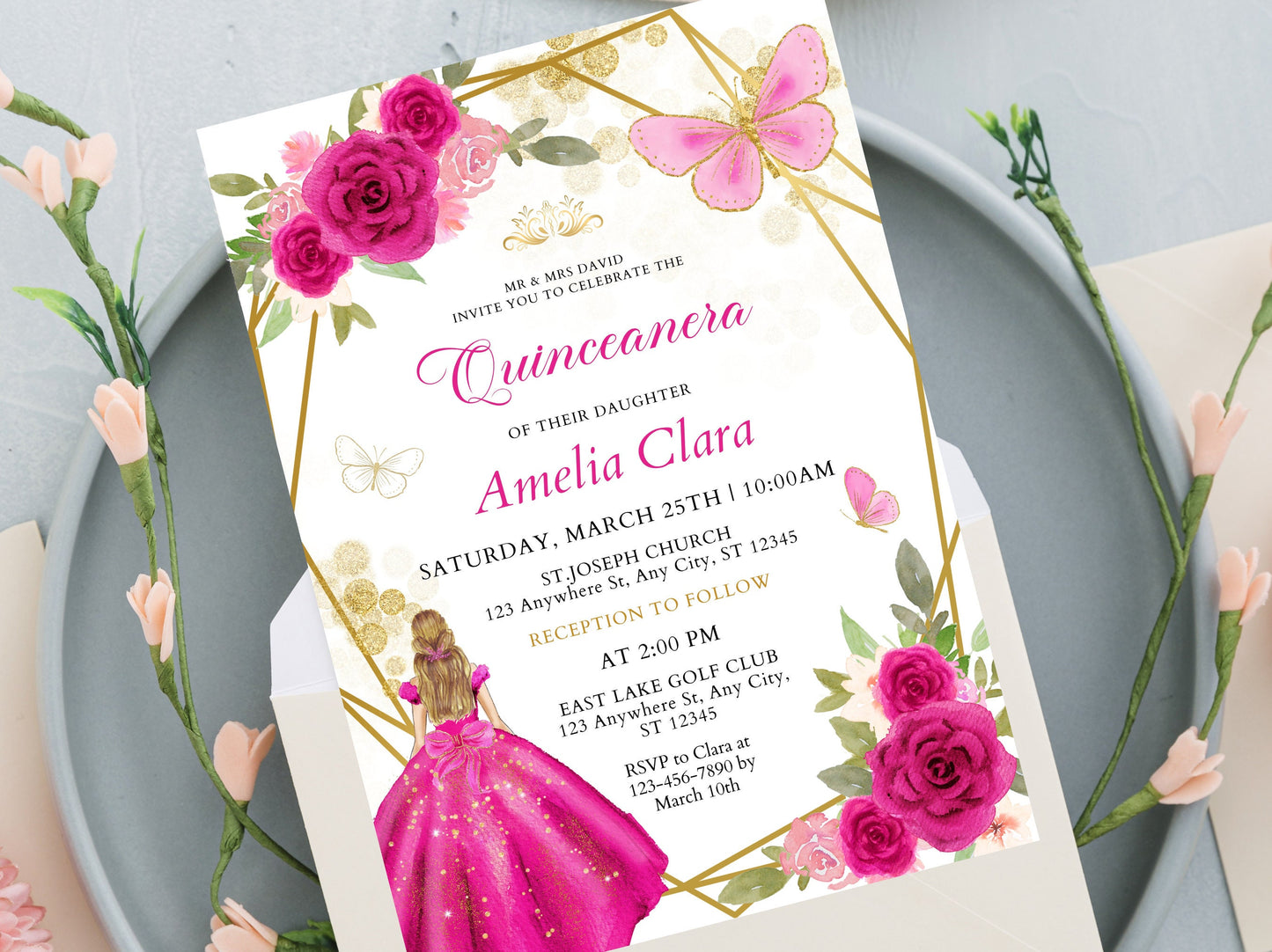 Editable Pink Rose Quinceanera Invitation Template (Digital Download)