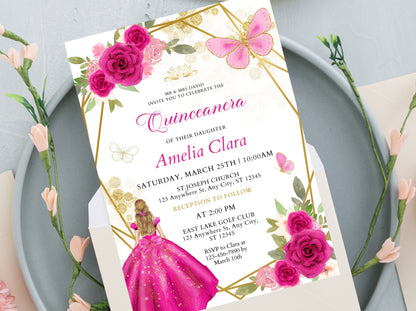 Editable Pink Rose Quinceanera Invitation Template (Digital Download)