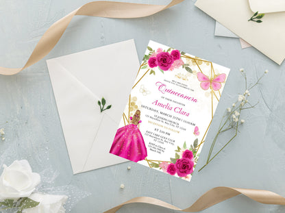 Editable Pink Rose Quinceanera Invitation Template (Digital Download)