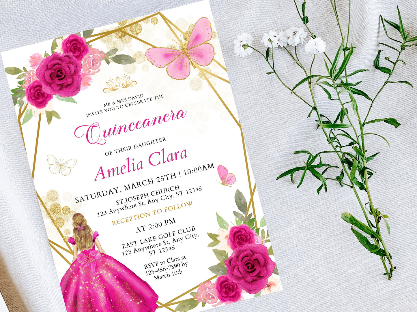 Editable Pink Rose Quinceanera Invitation Template (Digital Download)