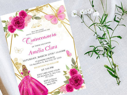 Editable Pink Rose Quinceanera Invitation Template (Digital Download)