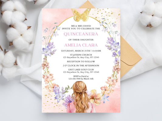 Blush Pink Quinceañera Invitation Template, Gold Butterfly, Floral (Digital Download)