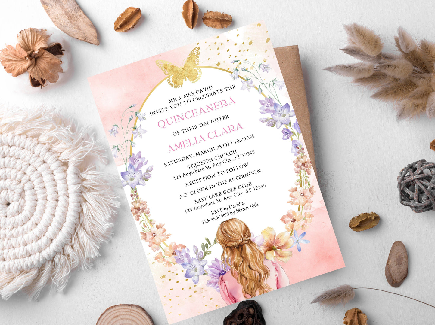 Blush Pink Quinceañera Invitation Template, Gold Butterfly, Floral (Digital Download)