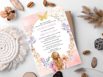 Blush Pink Quinceañera Invitation Template, Gold Butterfly, Floral (Digital Download)