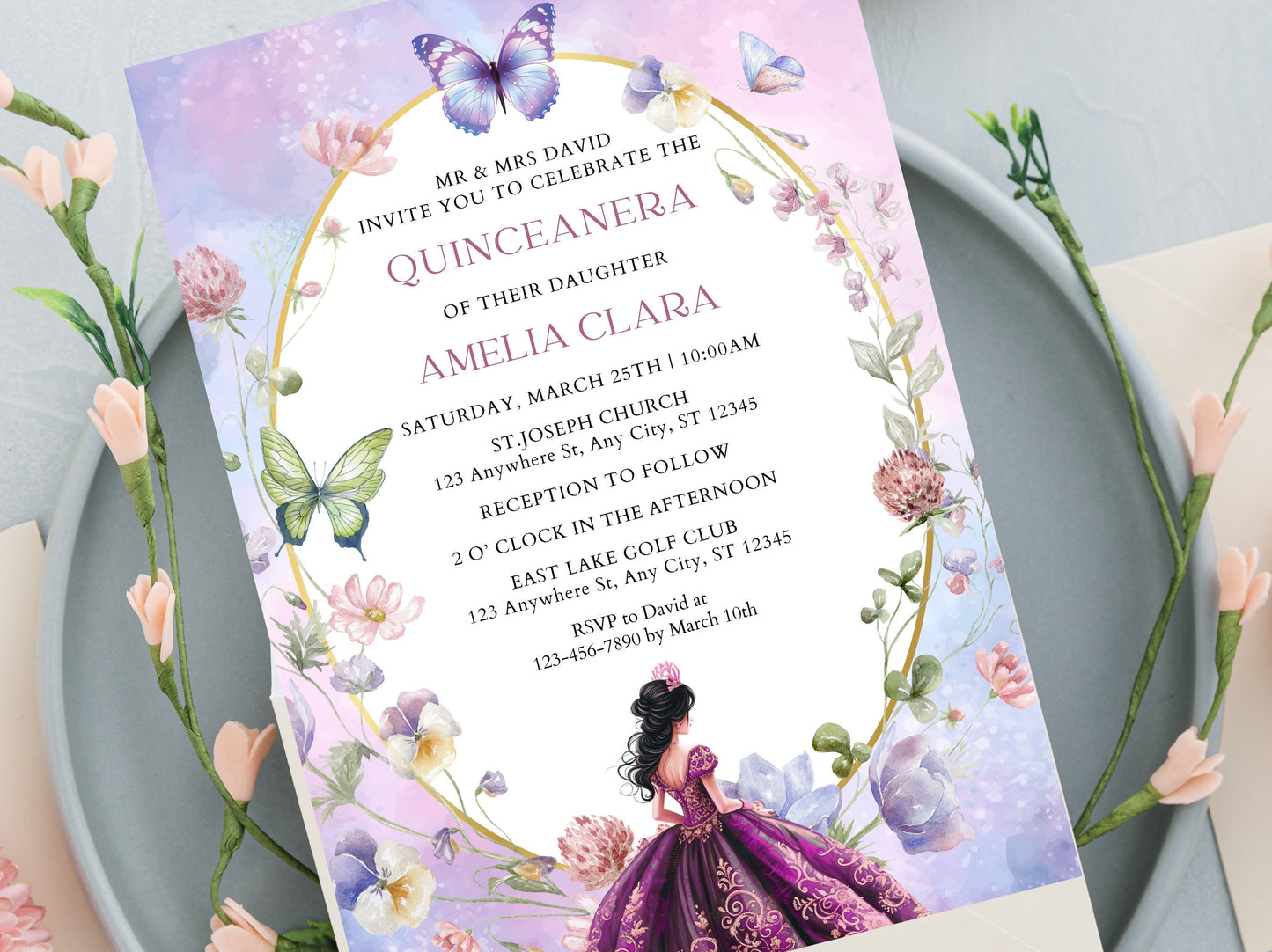Lilac Purple Quinceañera Invitation Template, Gold Butterfly, Floral (Digital Download)
