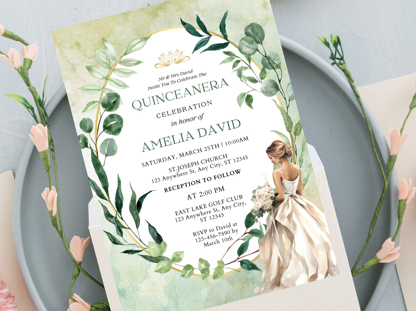 Saga Green Floral Quinceañera Invitation Template (Digital Download)