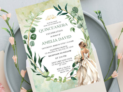 Saga Green Floral Quinceañera Invitation Template (Digital Download)