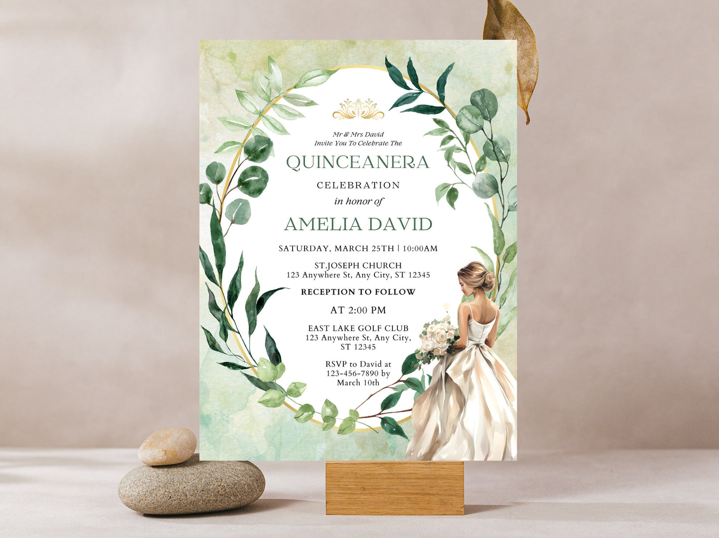 Saga Green Floral Quinceañera Invitation Template (Digital Download)