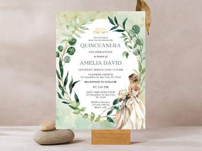 Saga Green Floral Quinceañera Invitation Template (Digital Download)