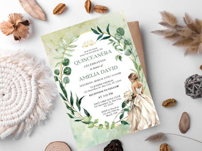 Saga Green Floral Quinceañera Invitation Template (Digital Download)