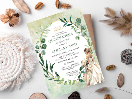 Saga Green Floral Quinceañera Invitation Template (Digital Download)