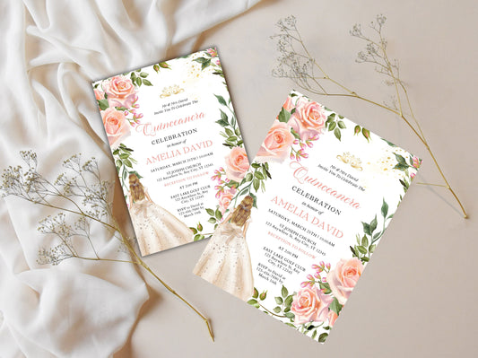 Pink Rose Quinceañera Invitation Template, Gold Butterfly Accents (Canva Editable)
