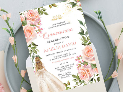 Pink Rose Quinceañera Invitation Template, Gold Butterfly Accents (Canva Editable)