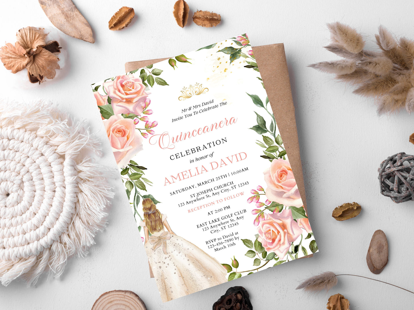 Pink Rose Quinceañera Invitation Template, Gold Butterfly Accents (Canva Editable)