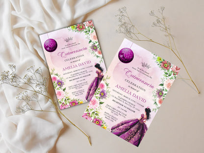 Lilac Purple Floral Quinceañera Invitation Template (Digital Download)
