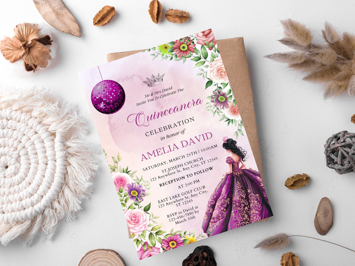 Lilac Purple Floral Quinceañera Invitation Template (Digital Download)