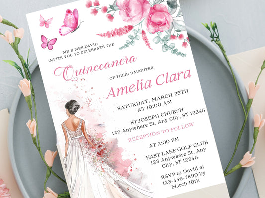 Blush Pink Rose Quinceañera Invitation Template (Digital Download)