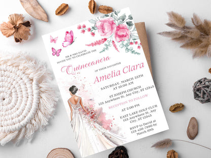 Blush Pink Rose Quinceañera Invitation Template (Digital Download)
