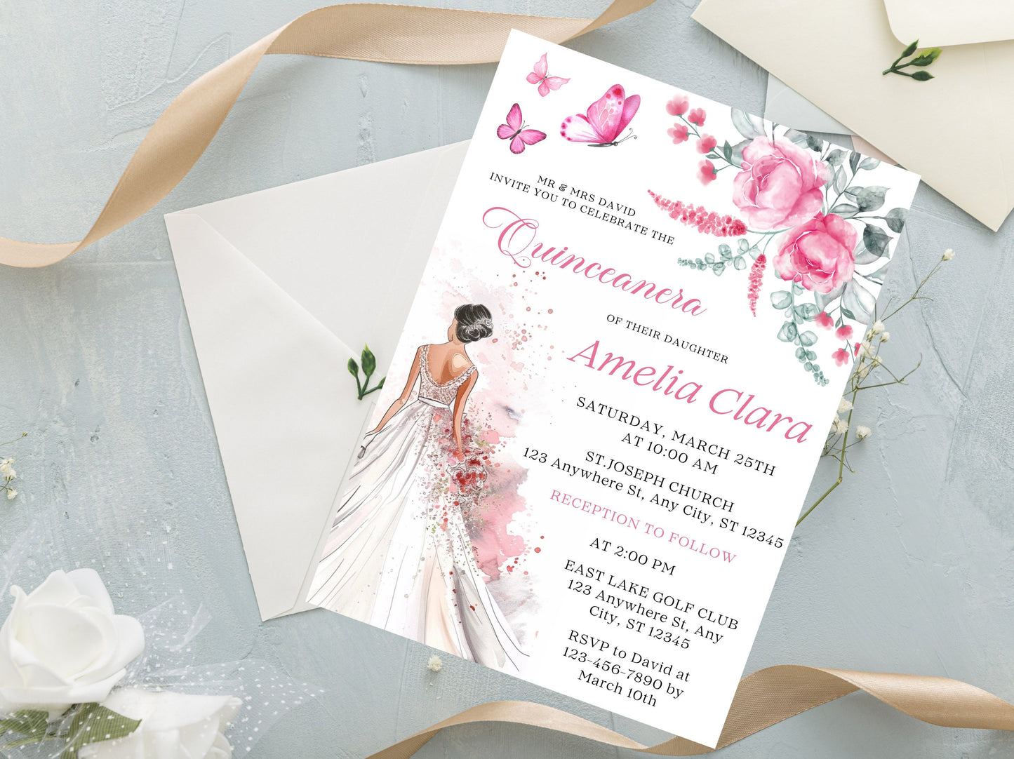 Blush Pink Rose Quinceañera Invitation Template (Digital Download)