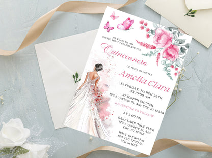 Blush Pink Rose Quinceañera Invitation Template (Digital Download)