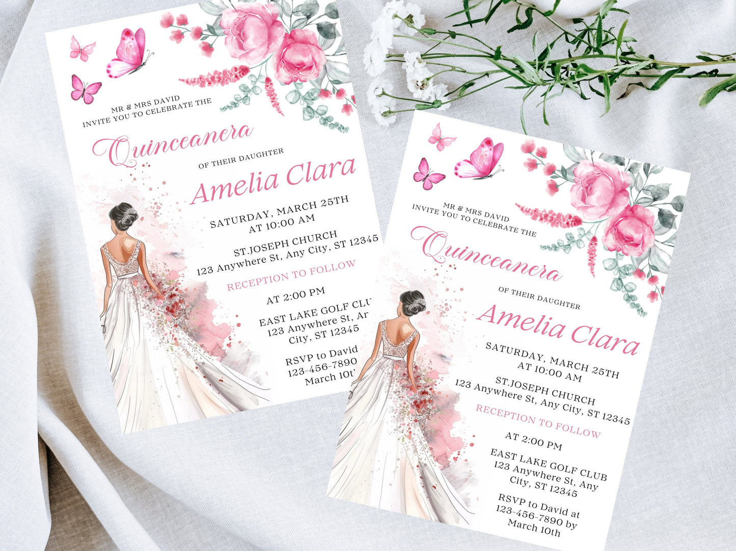 Blush Pink Rose Quinceañera Invitation Template (Digital Download)