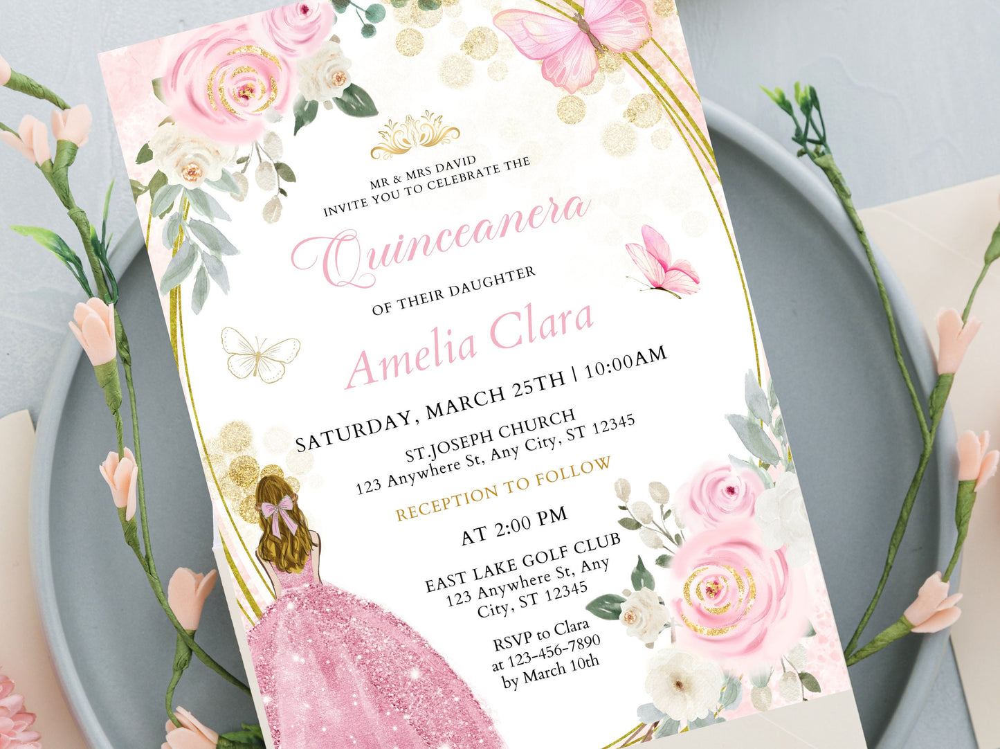 Editable Wildflower Quinceanera Invitation Template, Pink Floral (Digital Download)