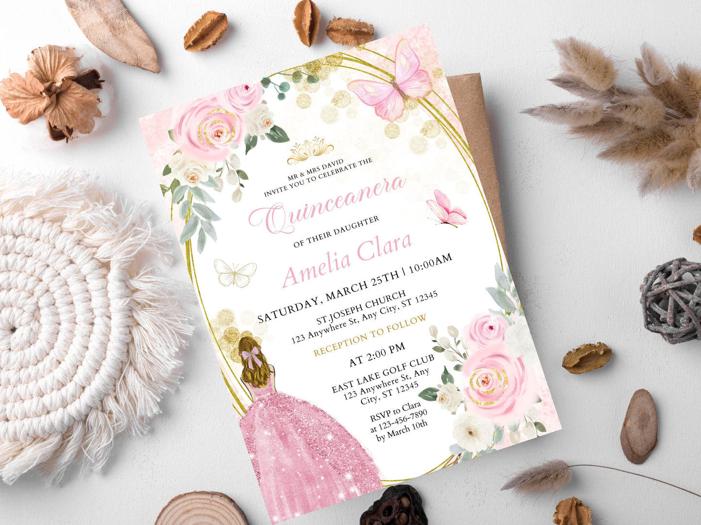 Editable Wildflower Quinceanera Invitation Template, Pink Floral (Digital Download)