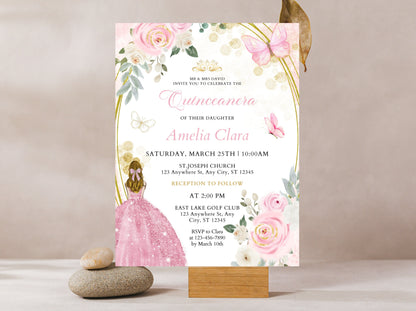 Editable Wildflower Quinceanera Invitation Template, Pink Floral (Digital Download)