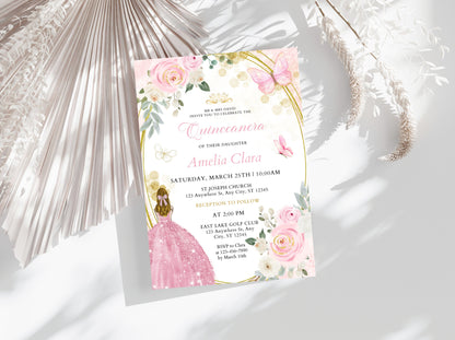 Editable Wildflower Quinceanera Invitation Template, Pink Floral (Digital Download)