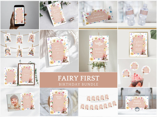 Editable Fairy First Birthday Party Bundle, Boho Wildflower Decor (Digital Download)