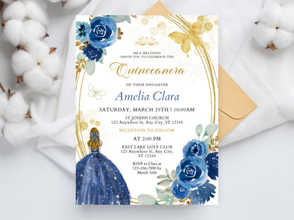 Editable Wildflower Quinceanera Invitation, Blue and Gold (Digital Download)