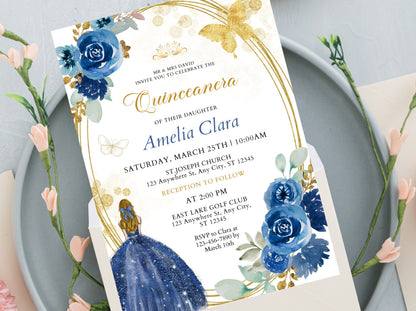 Editable Wildflower Quinceanera Invitation, Blue and Gold (Digital Download)