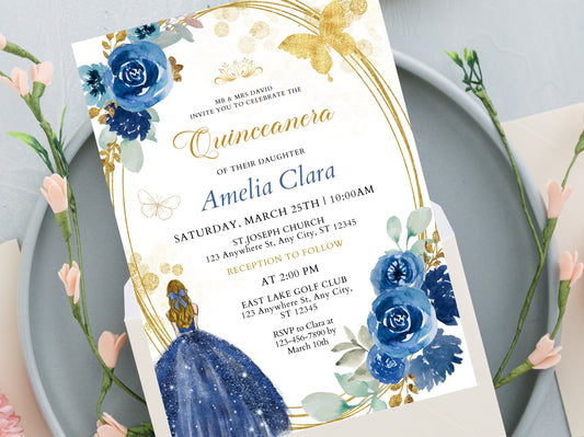 Editable Wildflower Quinceanera Invitation, Blue and Gold (Digital Download)