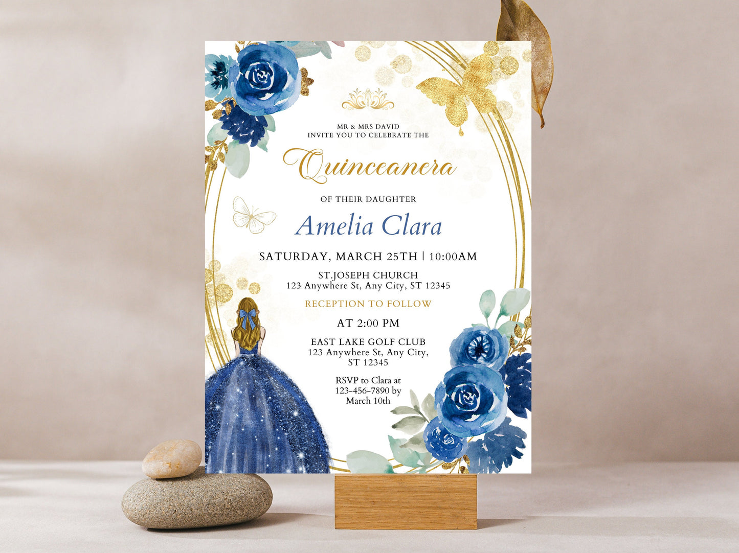 Editable Wildflower Quinceanera Invitation, Blue and Gold (Digital Download)