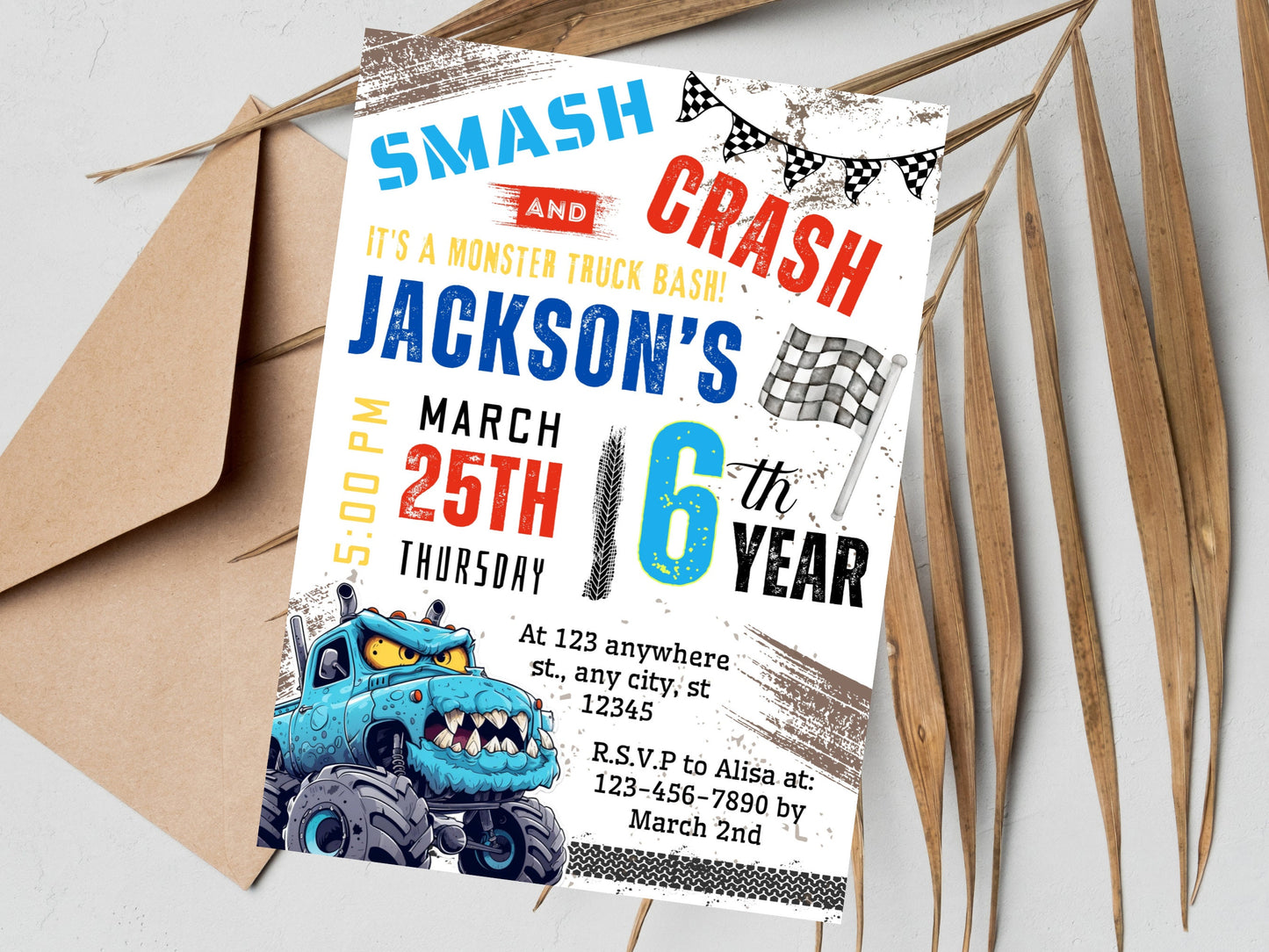 Invitation d'anniversaire Monster Truck modifiable, Fête des grandes roues (Invitation à imprimer)