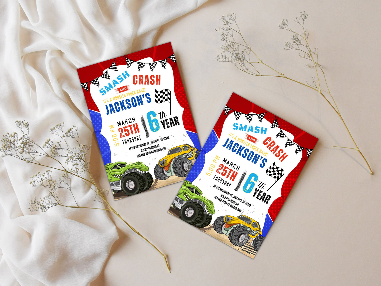 Bearbeitbare Einladung zum Monster-Truck-Geburtstag, Big-Wheel-Party (PDF)