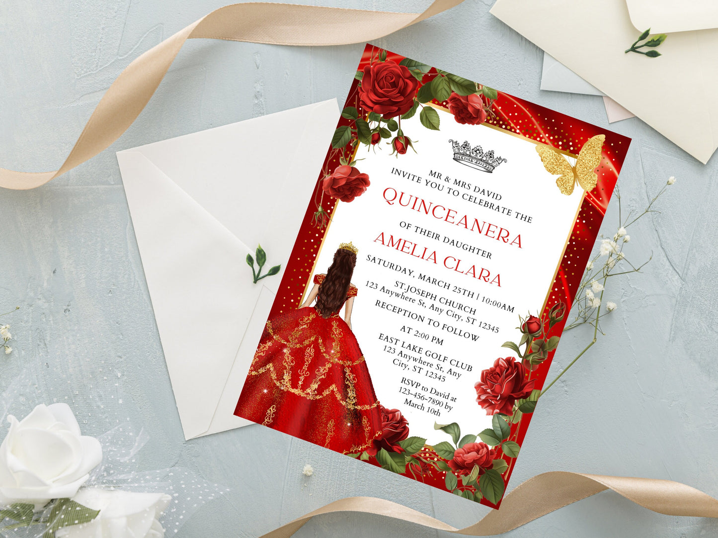 Burgundy Red Rose Quinceañera Invitation, Gold Floral, Editable Template (Digital Download)