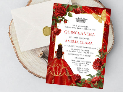 Burgundy Red Rose Quinceañera Invitation, Gold Floral, Editable Template (Digital Download)