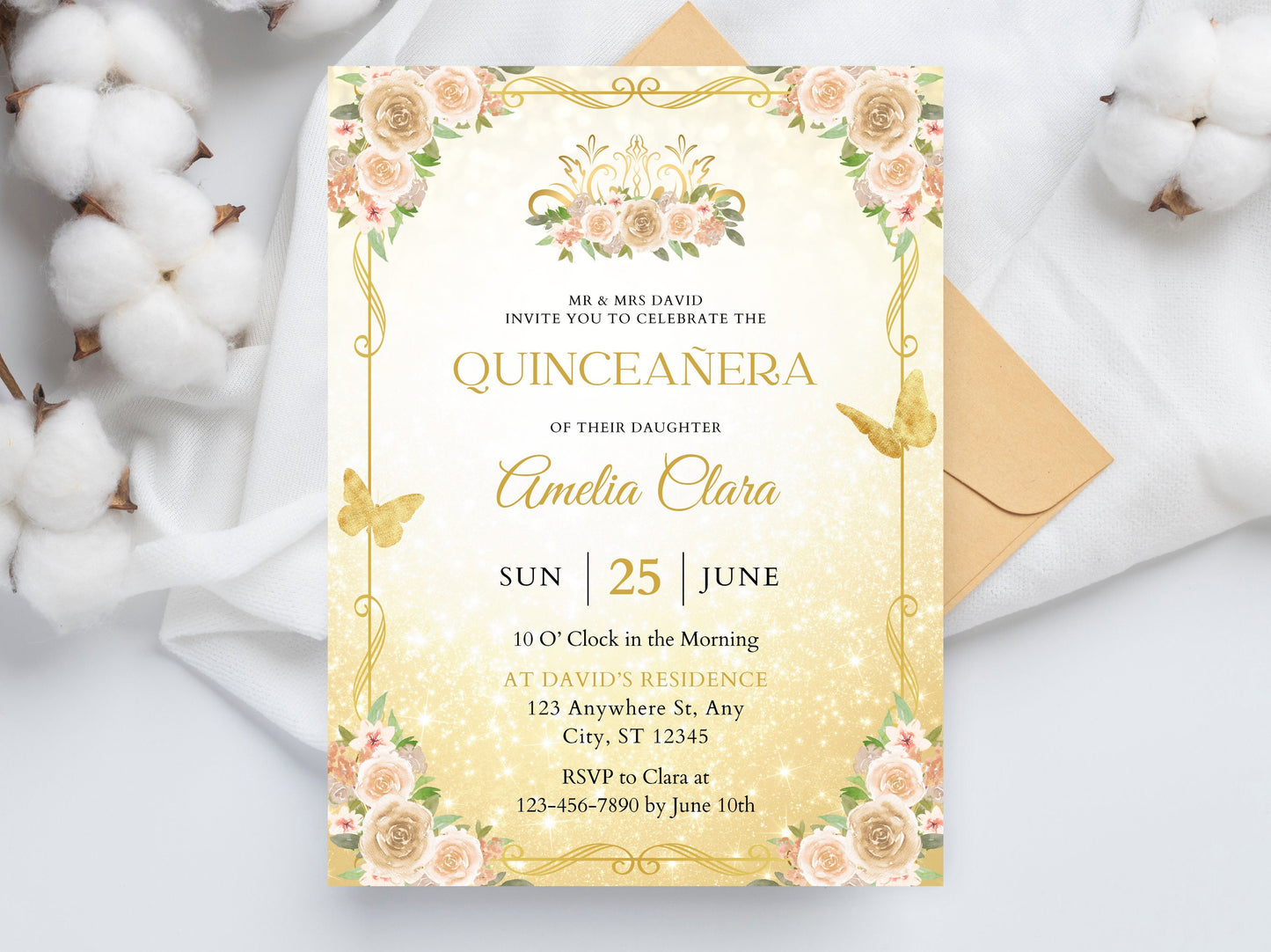 Editable Gold Butterfly Quinceañera Invitation Template, Sweet 16, Girl 15th Birthday Party Invite, Quinceanera Invitation, Instant Download
