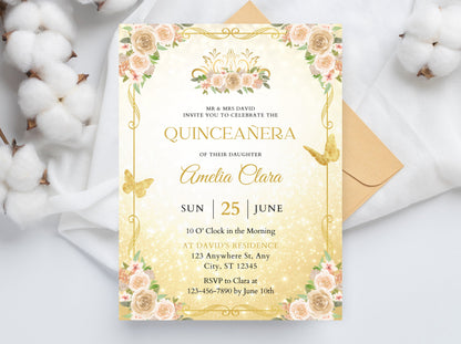Editable Gold Butterfly Quinceañera Invitation Template, Sweet 16, Girl 15th Birthday Party Invite, Quinceanera Invitation, Instant Download