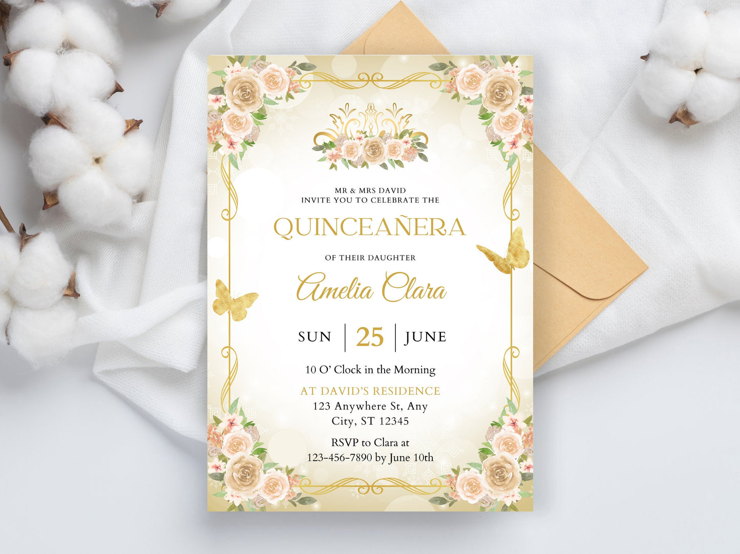 Quinceañera Invitation Template, Floral Miss Quince Anos, Gold Quinceanera Party Invite, Sweet 16, Girl 15th Birthday, Instant Download